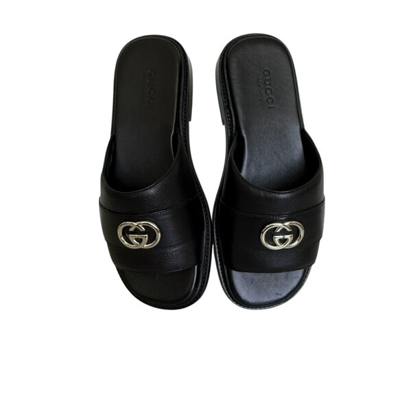 GUCCI 777849 MEN'S BLACK LEATHER INTERLOCKING G SANDALS, Gucci sz 7.5 (US 8) - Picture 11 of 13